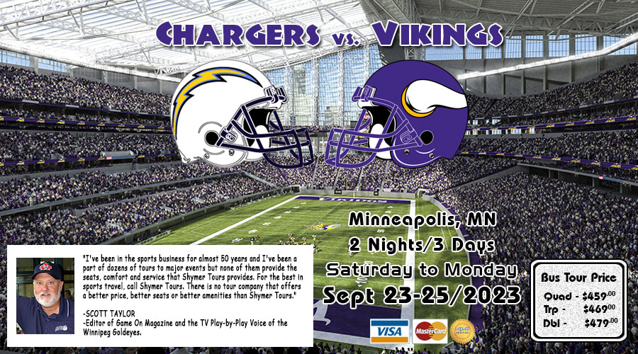 Winnipeg to Minneapolis Vikings vs Chargers bus tour Sept 23-25/2023