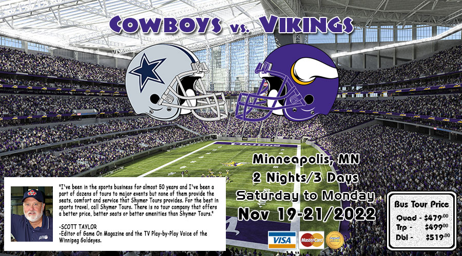 Winnipeg to Minneapolis Cowboys vs Vikings bus tour Nov 19-21/2022